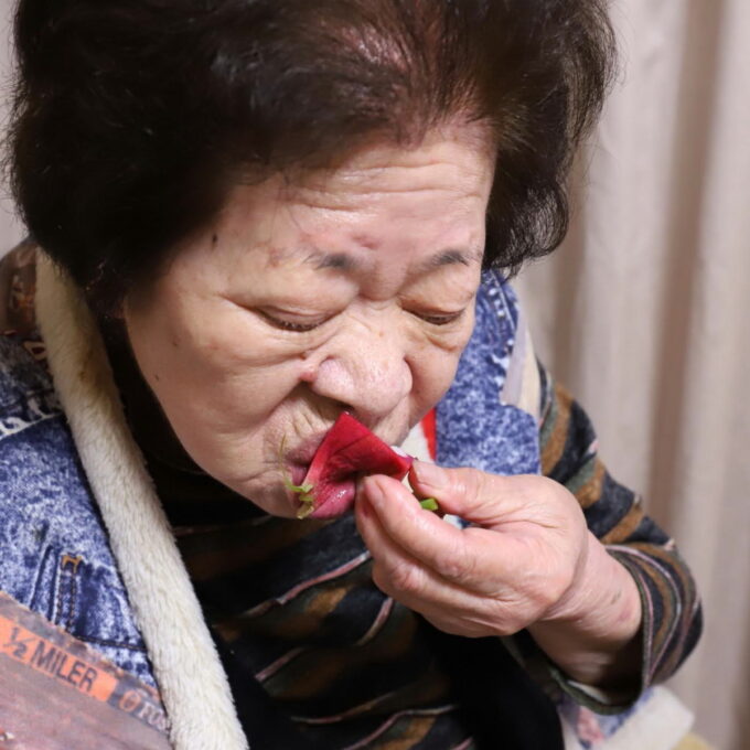 ドラゴンフルーツを食べている祖母（おばあ）