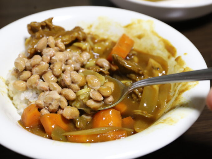 皿に盛り付けた納豆をトッピングしたカレー