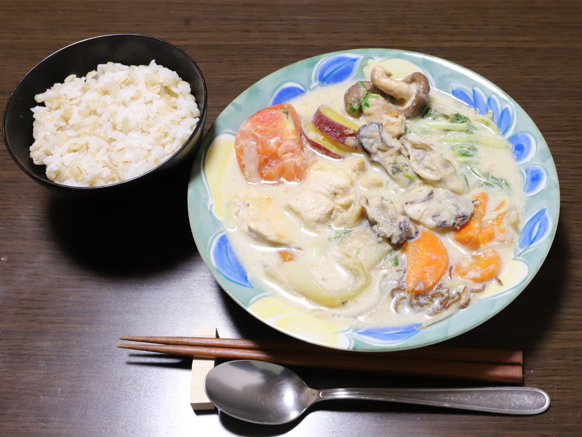 手作りのクリームシチューを入れた皿と、茶碗に盛ったごはんという晩ごはん